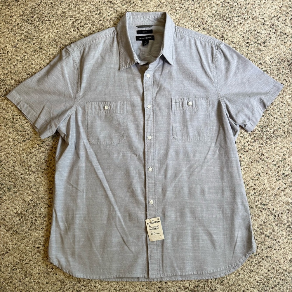Treasure & Bond Men's Gray and White Chambray Short Sleeve Button Down Shirt XL